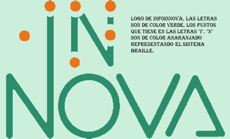 Logo de Infoinnnova. Las letras son de color verde. Los puntos que tiene en las letras I,N son de color anaranjado representando el sistema Braille.